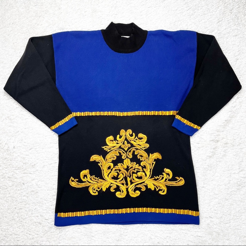 Casual Corner Blue and Black Sweater with Gold Accents